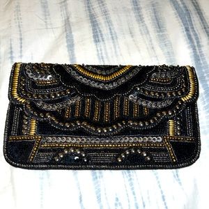 Francesca’s BNWT Black Beaded Sequin Clutch with Gold Strap